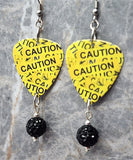 Yellow Caution Tape Guitar Guitar Pick Earrings with Black Pave Bead Dangles