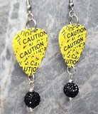 Yellow Caution Tape Guitar Guitar Pick Earrings with Black Pave Bead Dangles