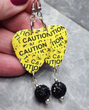 Yellow Caution Tape Guitar Guitar Pick Earrings with Black Pave Bead Dangles