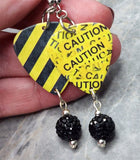 Yellow Caution Tape Guitar Guitar Pick Earrings with Black Pave Bead Dangles