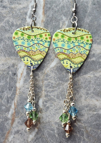 Green Curvy Patterned Stripes Guitar Pick Earrings with Swarovski Crystal Dangles