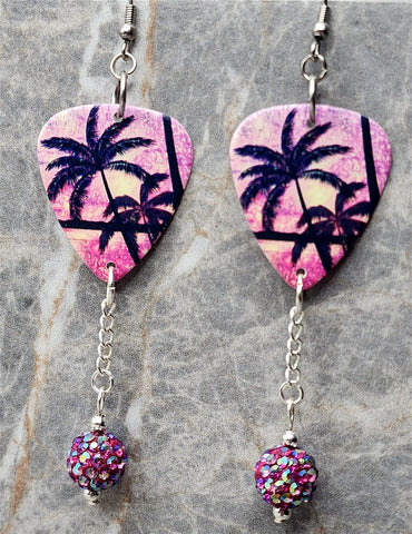 Palm Trees and Sun Tropical Scene Guitar Pick Earrings with Fuchsia ABx2 Pave Bead Dangles