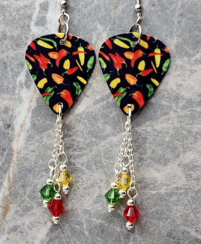 Green, Red and Yellow Chili Pepper Guitar Pick Earrings with Swarovski Crystal Dangles