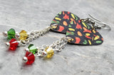 Green, Red and Yellow Chili Pepper Guitar Pick Earrings with Swarovski Crystal Dangles