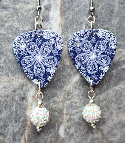 Lacey Flower Pattern on Blue Guitar Pick Earrings with White AB Pave Bead Dangles