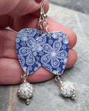 Lacey Flower Pattern on Blue Guitar Pick Earrings with White AB Pave Bead Dangles