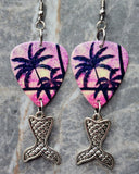Tropical Palm Trees Guitar Pick Earrings with Silver Toned Metal Mermaid Tail Charms