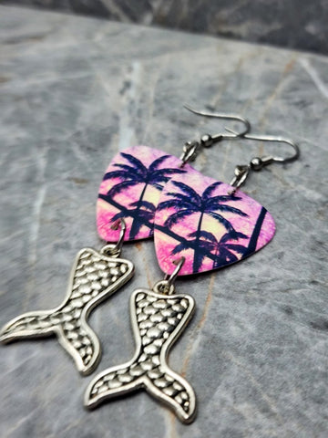 Tropical Palm Trees Guitar Pick Earrings with Silver Toned Metal Mermaid Tail Charms