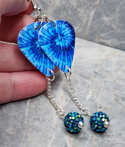 Blue Tie Dye Guitar Pick Earrings with Blue ABx2 Pave Bead Dangles