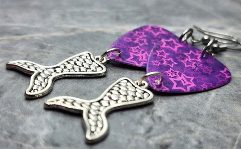 Starry Purple and Pink Guitar Pick Earrings with Silver Toned Metal Mermaid Tail Charms