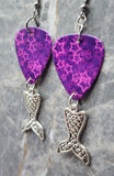 Starry Purple and Pink Guitar Pick Earrings with Silver Toned Metal Mermaid Tail Charms