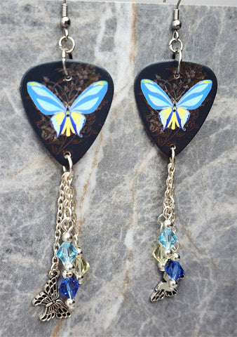 Blue and Yellow Butterfly Guitar Pick Earrings with Charm and Swarovski Crystal Dangles