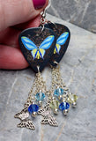 Blue and Yellow Butterfly Guitar Pick Earrings with Charm and Swarovski Crystal Dangles