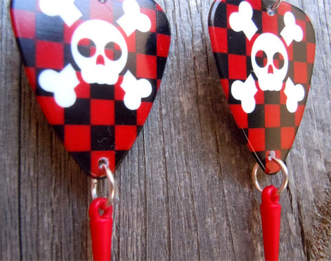 Skull and Crossbones with Checkered Guitar Pick Earrings and Red Spike Dangles
