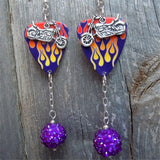 Motorcycle and Hot Rod Flames Guitar Pick Earrings with Purple Rhinestone Dangles