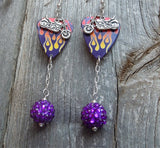 Motorcycle and Hot Rod Flames Guitar Pick Earrings with Purple Rhinestone Dangles
