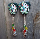Sugar Skull with Flowered Head Piece Guitar Pick Earrings with a Silver Charm and Swarovski Crystal Dangles