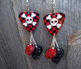 Black and Red Checkered Skull Guitar Pick Earrings with Red and Black Rhinestone Beads