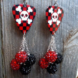 Black and Red Checkered Skull Guitar Pick Earrings with Red and Black Rhinestone Beads