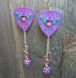 Winged and Horned Heart Guitar Pick Earrings with Rhinestone, Crystal and Heart Charm Dangles