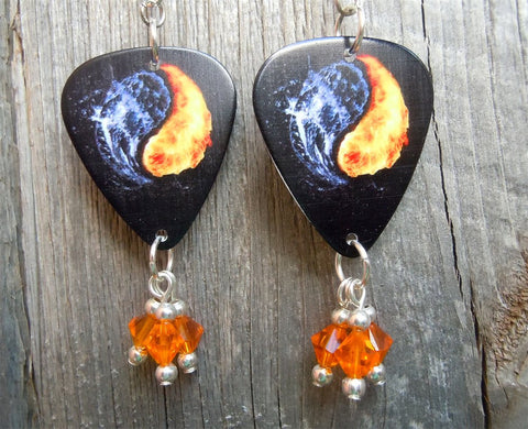 Fire and Ice Yin Yang Guitar Pick Earrings with Orange Crystal Dangles