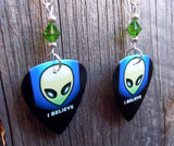 I Believe Alien Guitar Pick Earrings with Green Swarovski Crystals