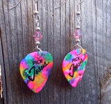 MultiColor Pick Jesus Guitar Pick Earrings with Pink Swarovski Crystals