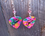 MultiColor Pick Jesus Guitar Pick Earrings with Pink Swarovski Crystals