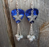 Silver Star Charms on Blue MOP Guitar Pick Earrings with Silver Rhinestone Bead Dangles
