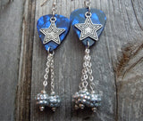 Silver Star Charms on Blue MOP Guitar Pick Earrings with Silver Rhinestone Bead Dangles