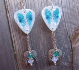 Blue Wings on White MOP Guitar Pick Earrings with Silver Charm and Swarovski Crystal Dangles