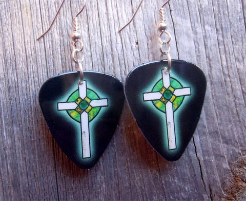Black with Green Crosses Guitar Pick Earrings