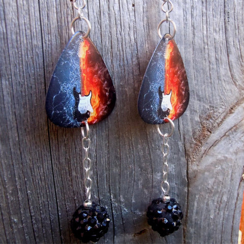 Guitar Fire and Ice Guitar Pick Earrings with Black Rhinestone Dangles
