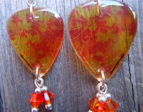 Transparent Orange and Yellow Autumn Leaves Guitar Pick Earrings with Fire Opal Swarovski Crystal Dangles