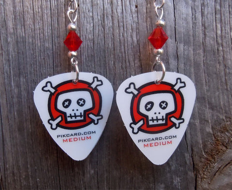 Red and Black Skull and Crossbones Guitar Pick Earrings with Red Swarovski Crystals