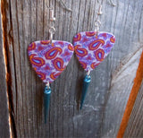 Fuchsia and Pink Paisley Guitar Pick Earrings with Aqua Blue Spike Dangle