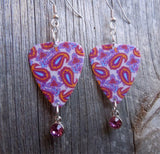Fuchsia and Pink Paisley Guitar Pick Earrings with Crystal Charm Dangles