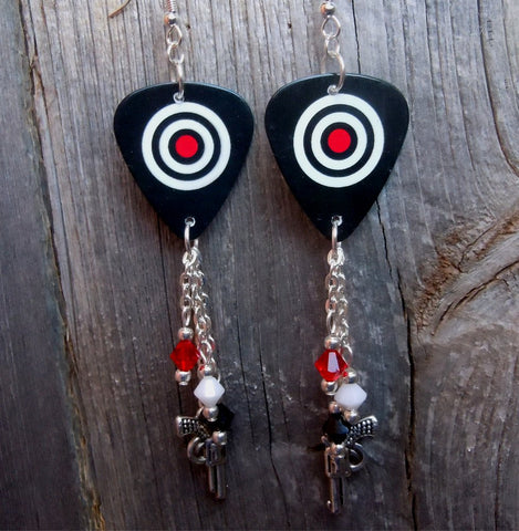 Red, Black and White Target Guitar Pick Earrings with Swarovski Crystal and Metal Charm Dangles