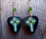 Black with Green Crosses Guitar Pick Earrings with Green Swarovski Crystals