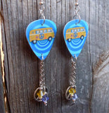 VW Hippie Bus Guitar Pick Earrings with Silver Charm and Swarovski Crystal Dangles