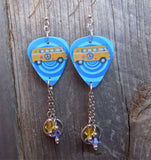 VW Hippie Bus Guitar Pick Earrings with Silver Charm and Swarovski Crystal Dangles