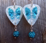 Blue Wings Guitar Pick Earrings with Blue Pave Bead Dangles