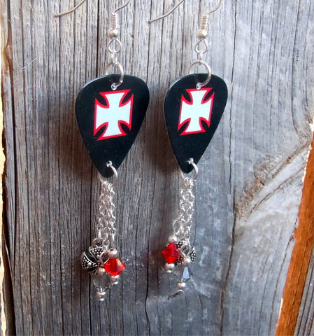 Red, Black and Grey Iron Cross Guitar Pick Earrings with Charm and Swarovski Crystal Dangles