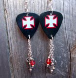 Red, Black and Grey Iron Cross Guitar Pick Earrings with Charm and Swarovski Crystal Dangles