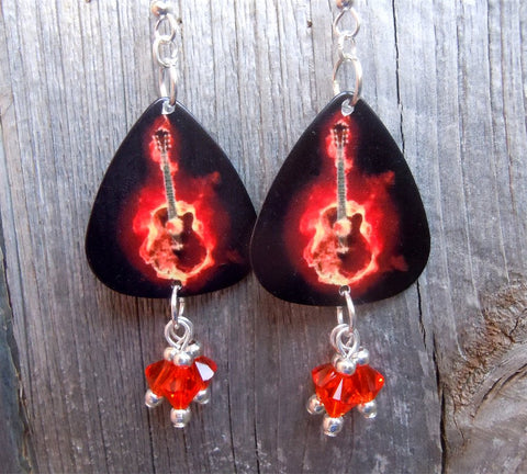 Acoustic Guitar of Flames Guitar Pick Earrings with Orange Swarovski Crystal Dangles