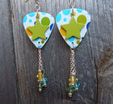 Green Star on Polka Dot Guitar Pick Earrings with Swarovski Crystal Dangles