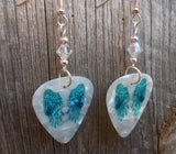 Blue Wings on White MOP Guitar Pick Earrings with Clear Swarovski Crystals