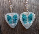 Blue Wings on White MOP Guitar Pick Earrings with Clear Swarovski Crystals
