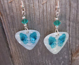 CLEARANCE Blue Wings on White MOP Guitar Pick Earrings with Aqua Swarovski Crystals