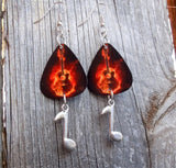 Acoustic Guitar of Flames Guitar Pick Earrings with Music Note Charm Dangles